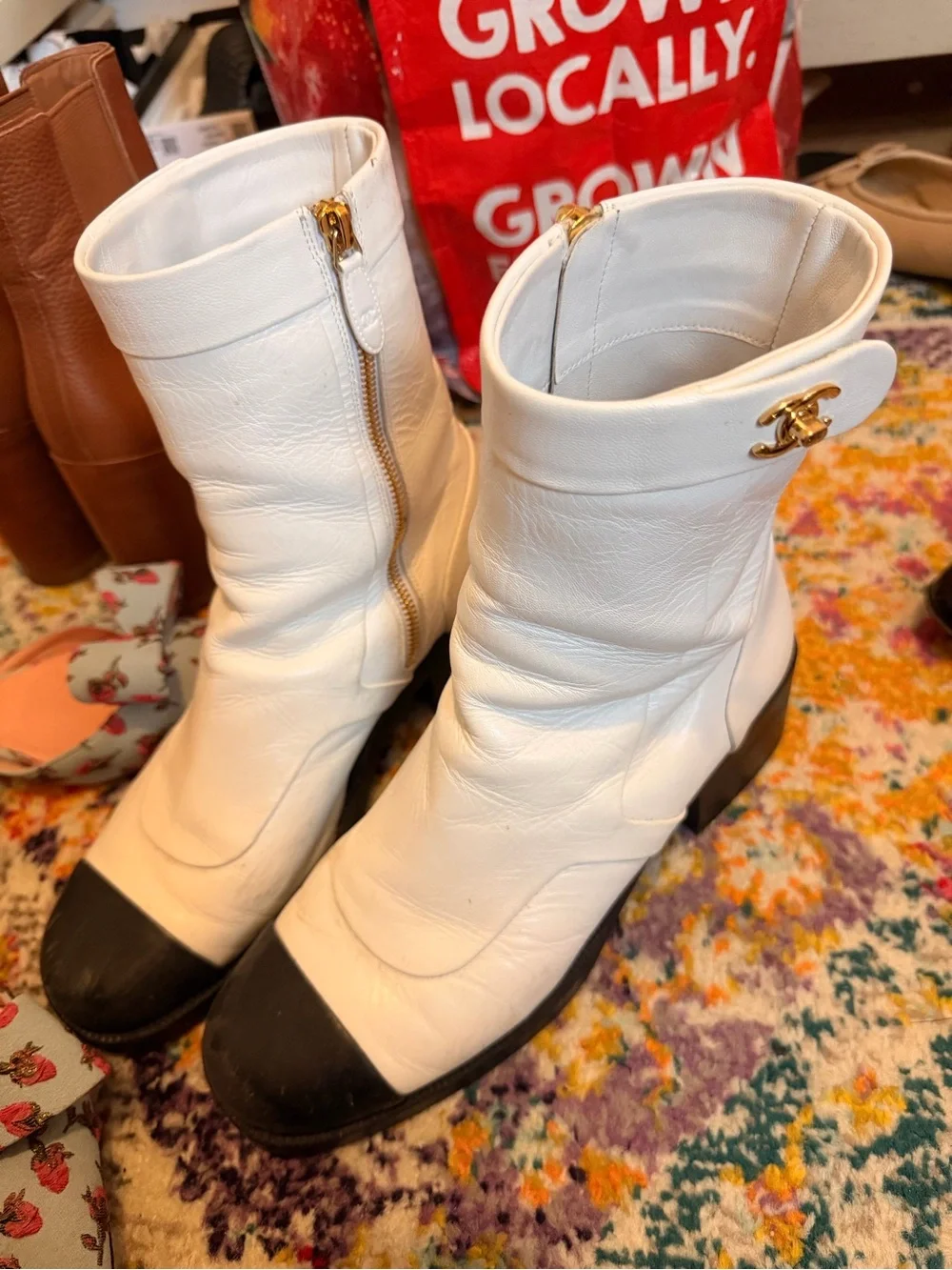 CHANEL White Leather Ankle Boots with Black Cap Toes